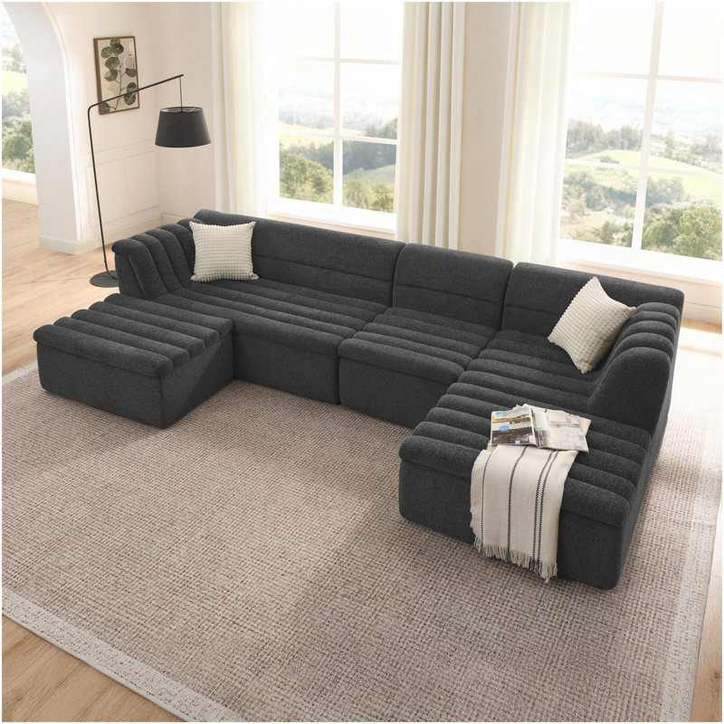 Canapé modulaire en forme de U de 135 po avec méridienne et repose-pieds mobile modulaire en forme de U pour le salon, canapé en osier revêtu de chenille avec accoudoirs ondulés, sans oreillers inclus