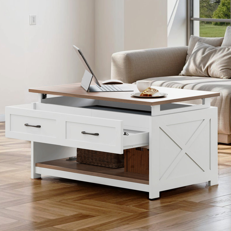 38" Multifunction Farmhouse Coffee Table Board Game Table with Removable Tabletop and Charging Station, Brown Top/White Base