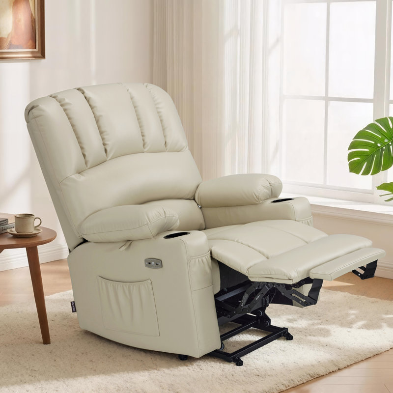 Fauteuil inclinable électrique avec massage thermique et vibratoire, similicuir, Blanc, crème