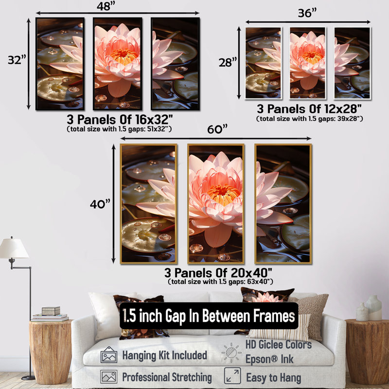 Nénuphars roses et roses, H 28 po x l 36 po x P 1 po, Cadre flottant noir