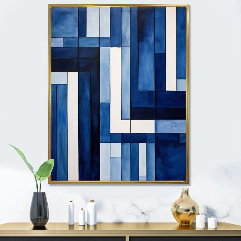 «Blue White Sapphire Symmetry I - Abstract Shapes», art sur toile, H 32 po x l 16 po x P 1 po, Cadre flottant doré