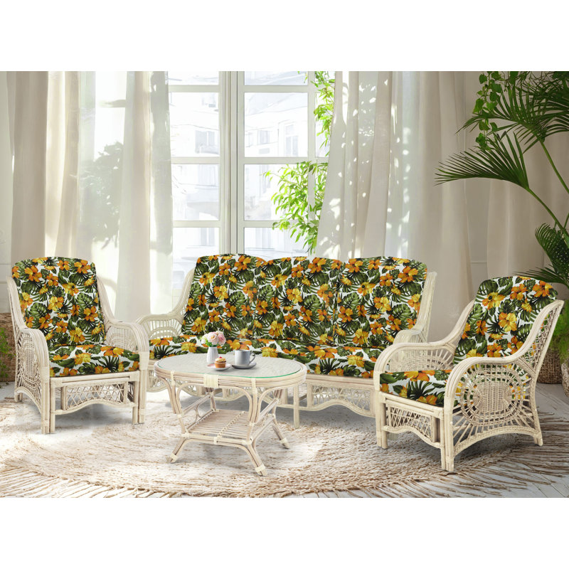 Floral Upholstered White Wash Rattan Lounge Set with Glass Coffee Table