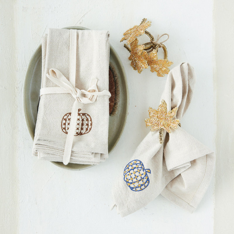 Serviettes en coton tissé S / 4 avec citrouilles brodées