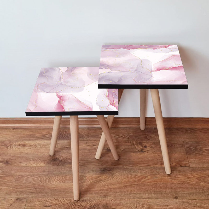 Tables gigognes élégantes (2 pièces), rose et blanc avec accents dorés, 13,8 po x 18,5 po x 13,8 po et 13,8 po x 16,5 po x 13,8 po | 100% panneau de fibres à densité moyenne avec pieds en bois de hêtre, conception abstraite en marbre | Parfait pour le salon et la décoration intérieure