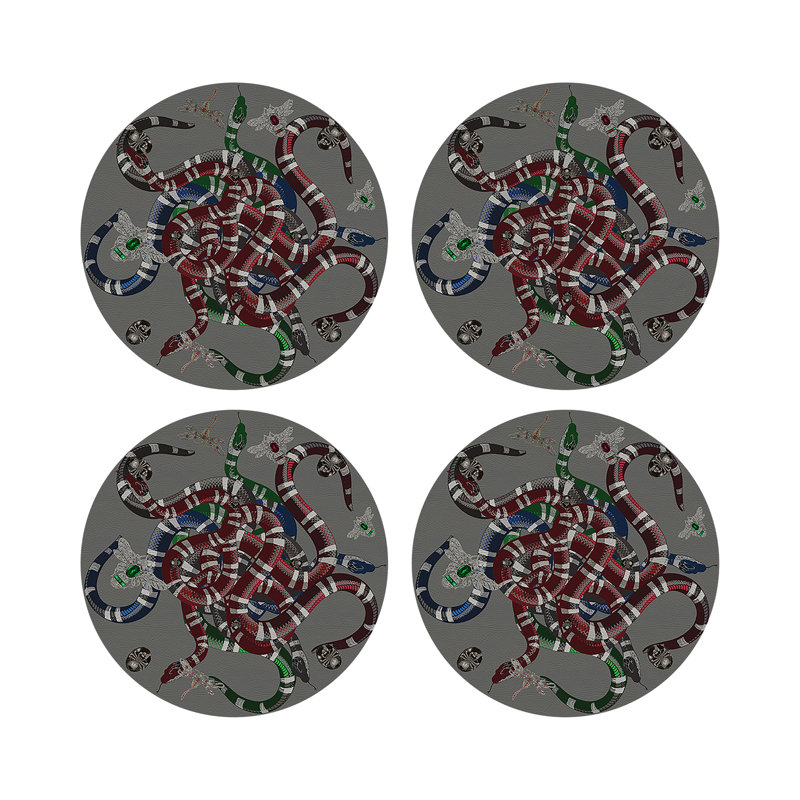 Ouroboros Purple Vegan Leather Round Coasters, Gray