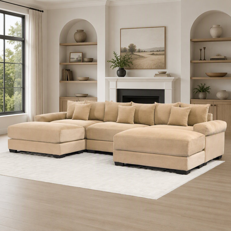 Canapé d'angle modulaire Cloud surdimensionné de 330 cm (130 pouces), tissu velours côtelé haut de gamme, assise profonde 3 places, larges accoudoirs, pouf, design ergonomique, montage facile, bleu