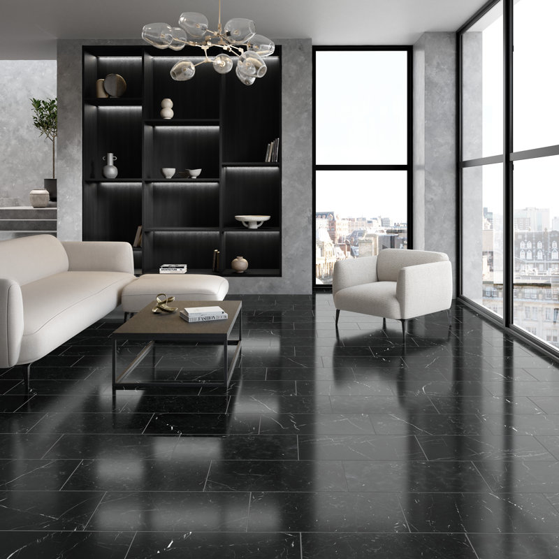 Marble Marquina™ Black 12 In. X 24 In. Polished Marble Floor And Wall Tile (10.01 Sq. Ft./Case)