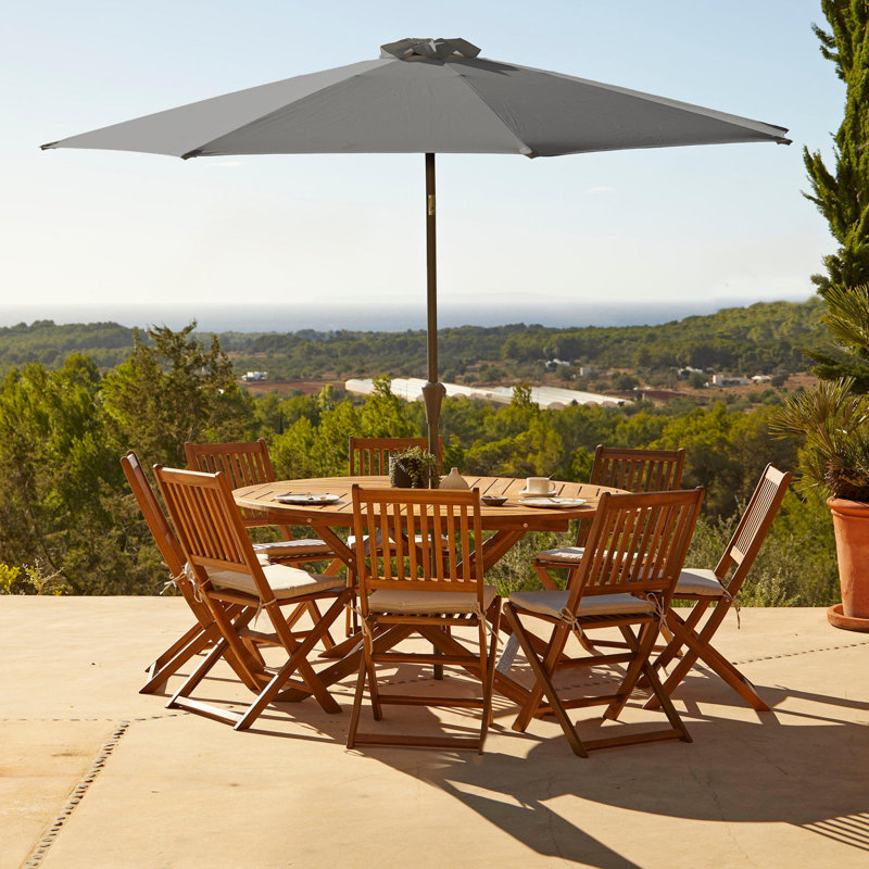 Nayoun 8 - Person Patio Dining Set Round Table, Grey Umbrella, Arm Chair