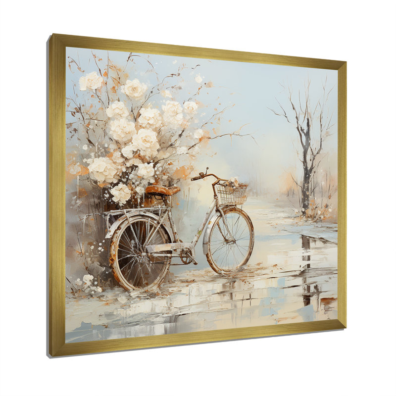 Vélo de charme en hiver III sur toile, H 24 po x l 24 po x P 1 po, Encadrement doré