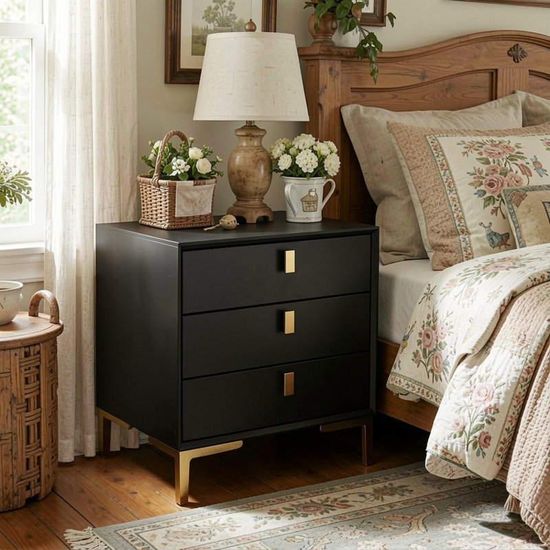 3 - Drawer Nightstand With Metal Legs, Black