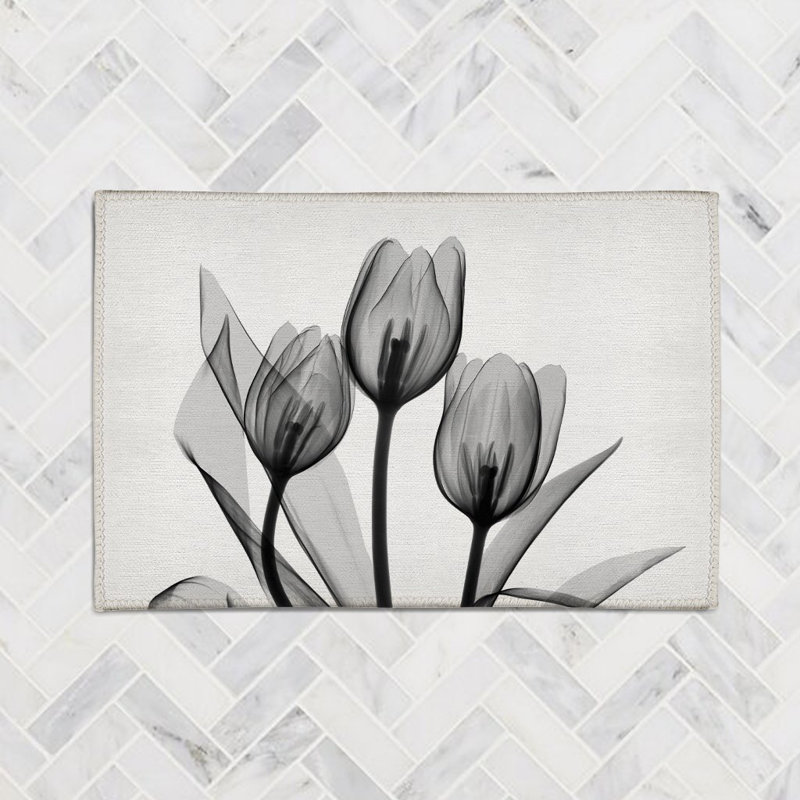 Monochromatic Black Tulips Chenille Indoor Rug, Rectangle 4' x 6'