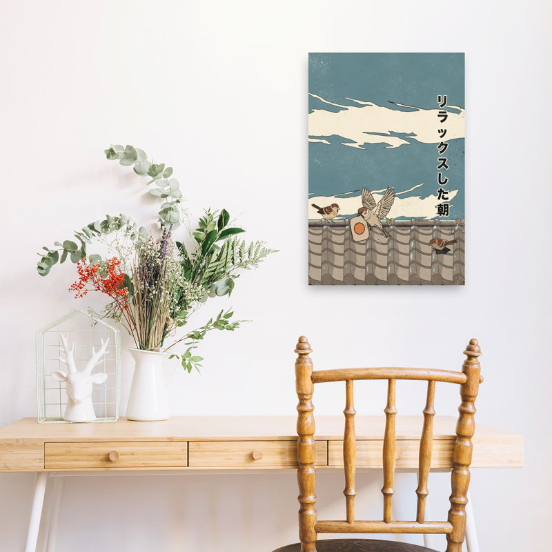 «Relaxed Morning Sparrows Peaceful Retro Traditional Traditional Nature Landscape», art mural, 24" H x 16" W