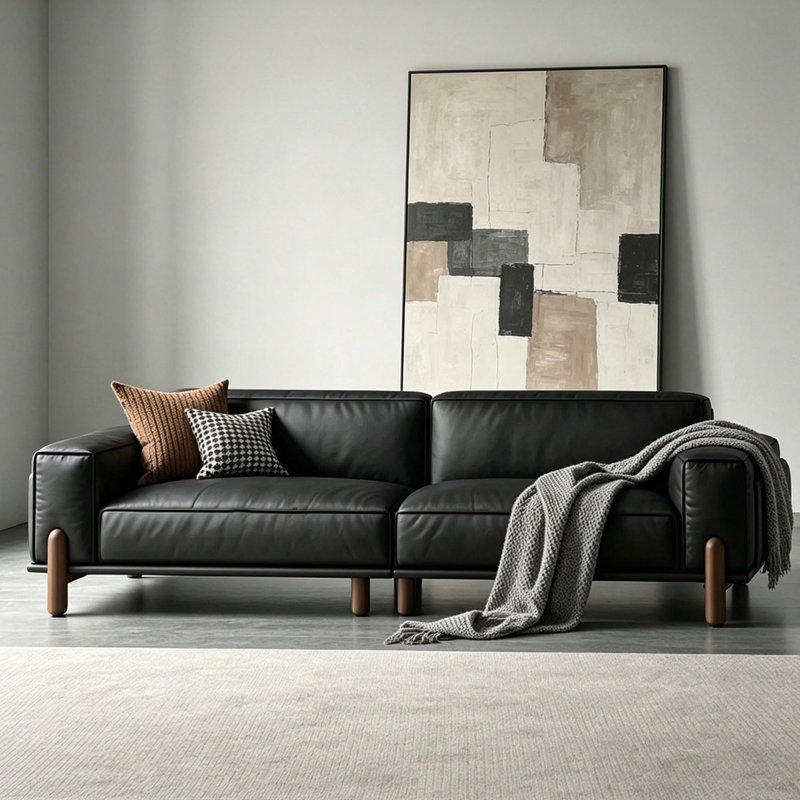 Canapé modulaire noir en cuir véritable, L 110,16 po, Cuir de grain supérieur noir