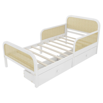 Twin Size Platform Bed Frame with 2 Storage Drawers, Kids Rattan Bed with Headboard and Footboard, White