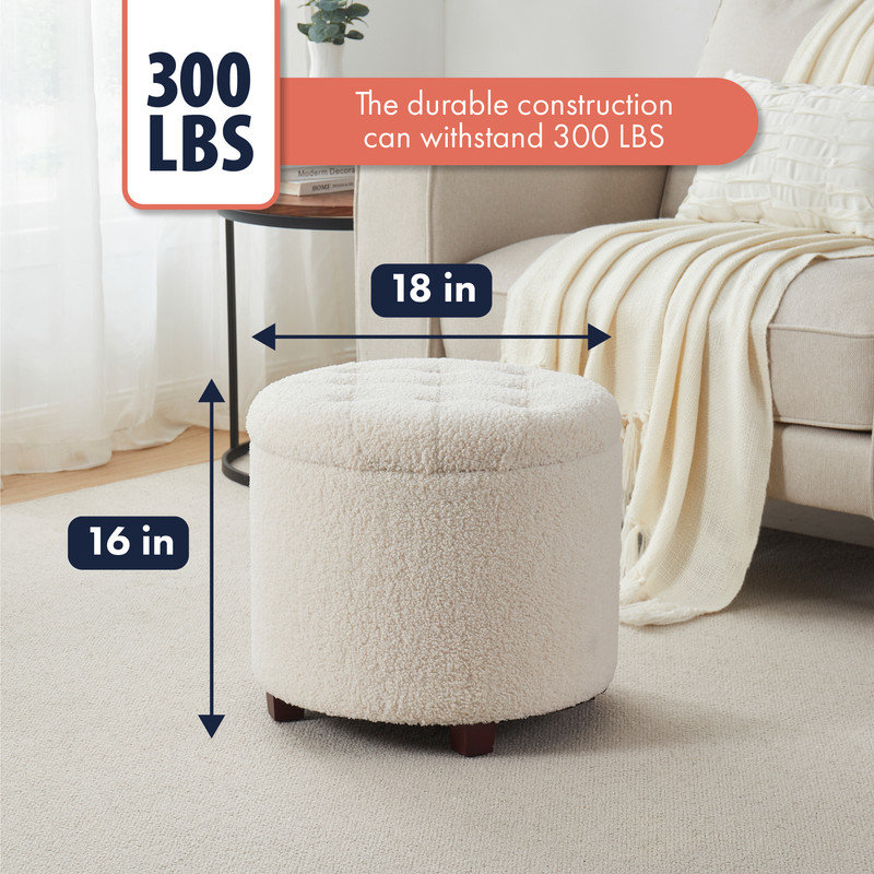 Round Boucle White Storage Ottoman