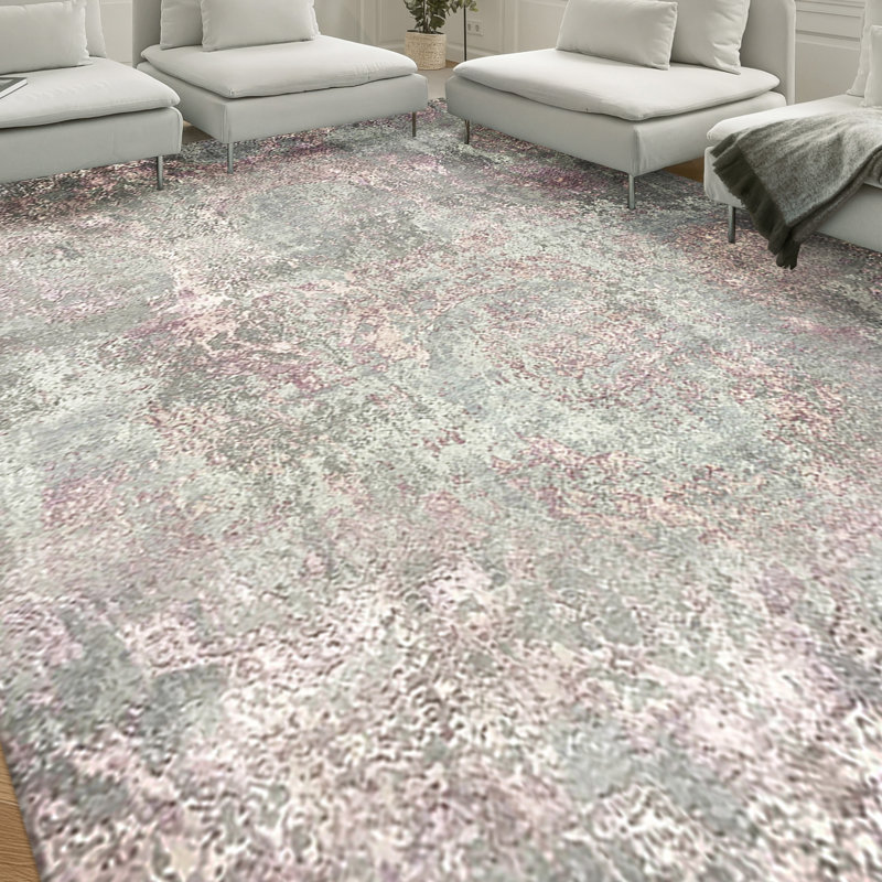 Abstract Area Rug in Gray/Pink, Rectangle 5' x 8'