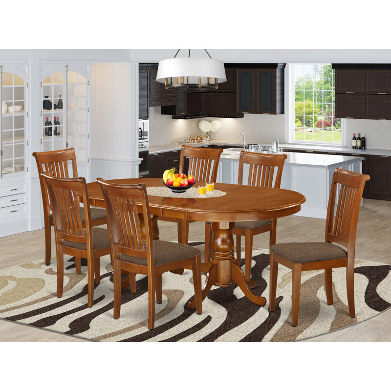 7 Piece Dining Room Furniture Set Consist of an Oval Wooden Table with Butterfly Leaf and 6 Linen Fabric Kitchen Dining Chairs, Saddle Brown