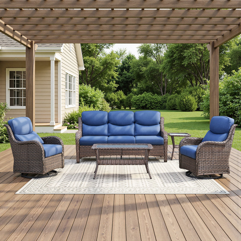 Ensemble 5 pièces de canapé de patio et de chaises pivotantes en osier avec table basse, Bleu, Brun