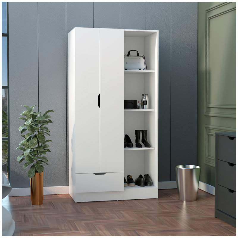 Armoire-penderie Memphis avec 4 tablettes de rangement et 1 tiroir, Blanc