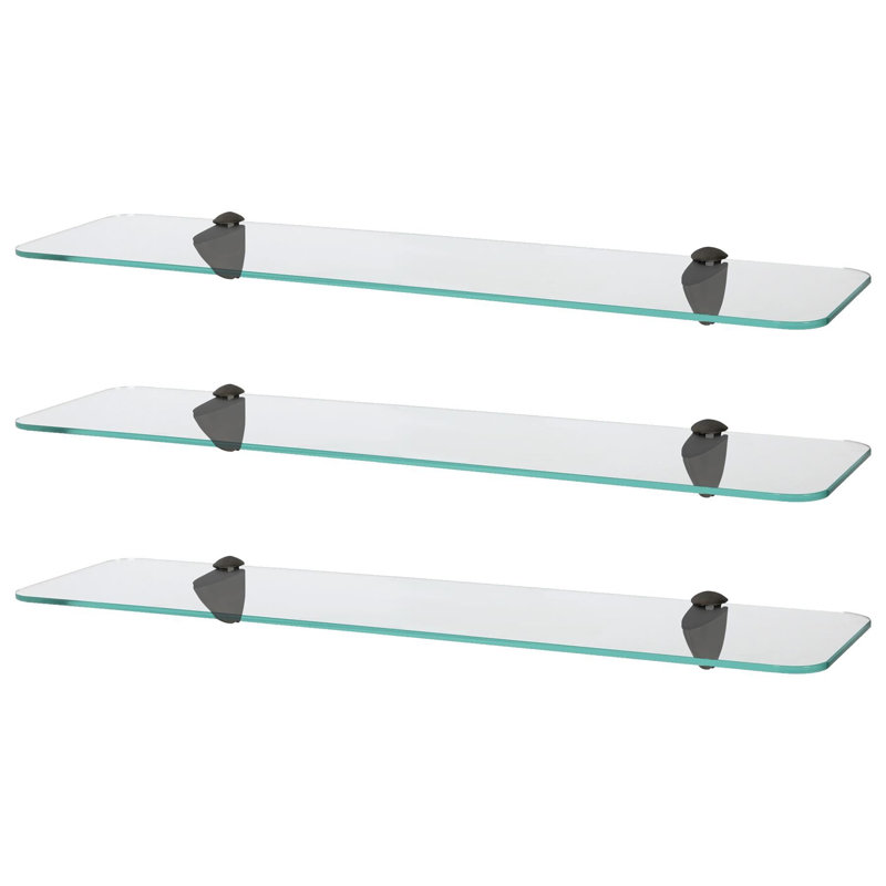 Harbour Housewares - Rounded Floating Glass Shelves with Metallic Brackets - Set of 3, Black, 13 H x 60 W x 0.5 D cm