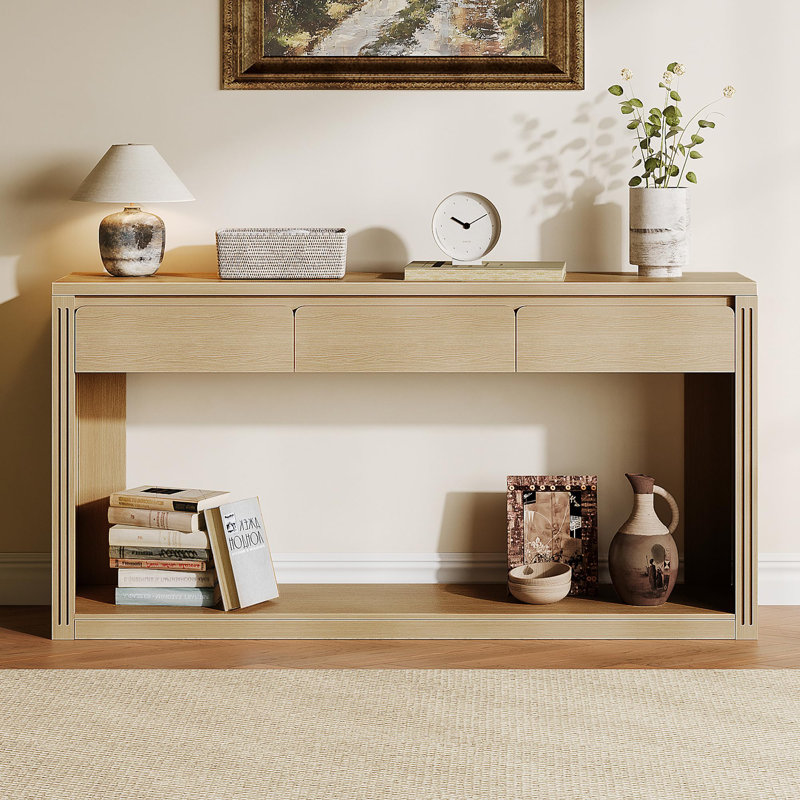 63" W Three Drawer Flat Console Table, Light Yellow Wood