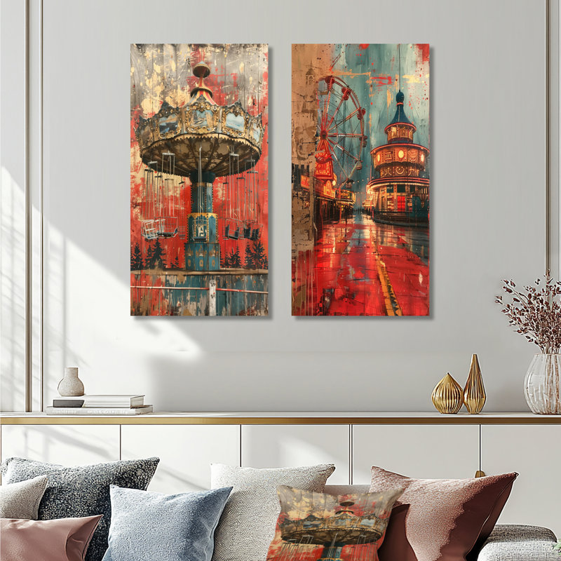 Carrousel rétro rouge et bleu, parcs d'attractions I - Carnaval, ensemble de 2 décorations murales en métal, 32" H x 32" W