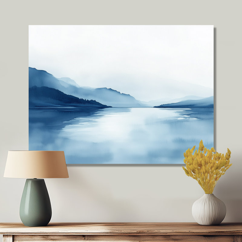 Cool Blue Shoreline I - paysage bleu, art sur toile, H 16 po x l 32 po, Cadre flottant blanc
