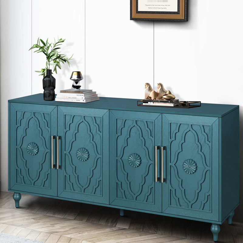 Grande armoire avec tablettes réglables et portes à fleurs attrayantes pour la maison - Poignée de rangement en métal bleu marine