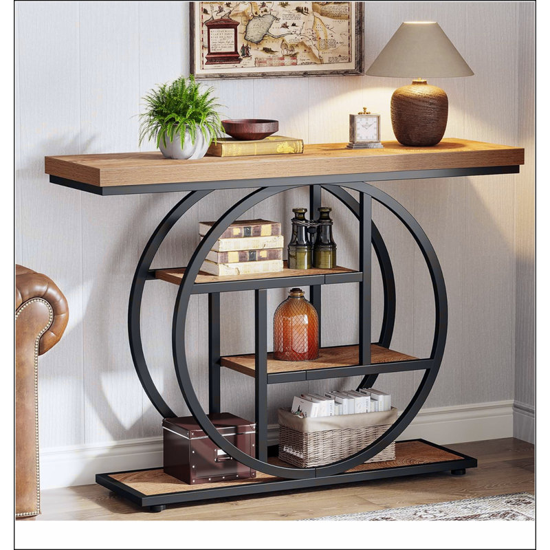 41.3" Industrial 4-Tier Console Table with Circle Base - Narrow Entryway Sofa Table with Storage Shelves, Light Brown