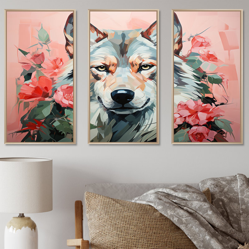Portrait de loup bohémien rose et vert IV - loup, art mural, H 28 po x l 36 po, Cadre flottant brun