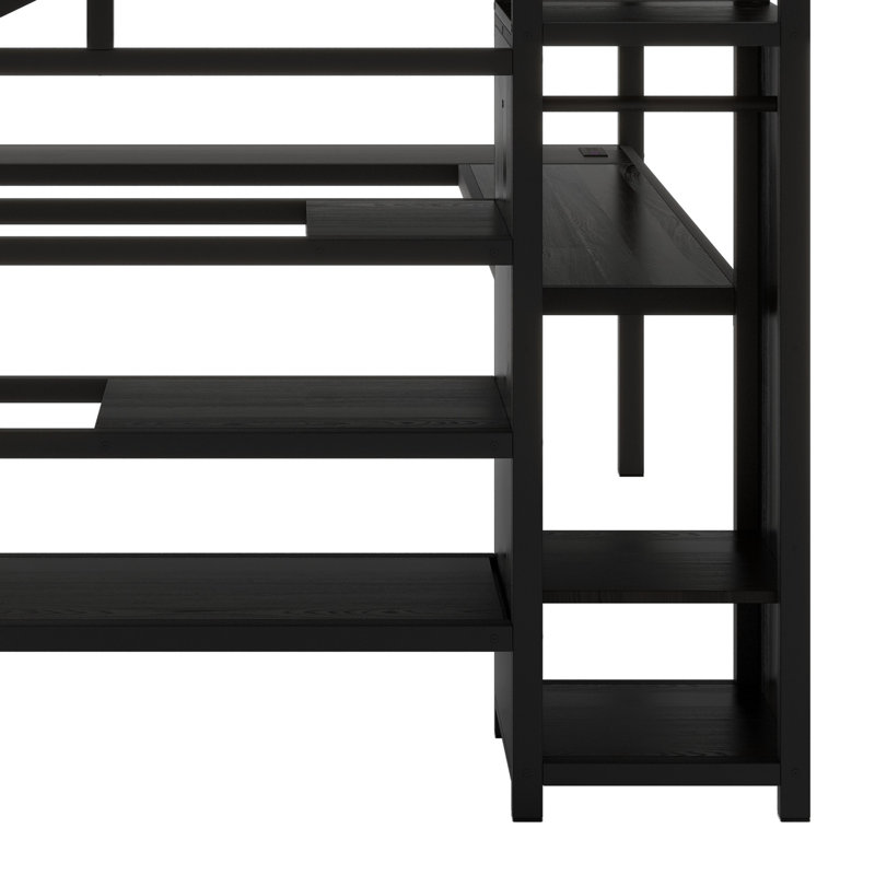 Lit mezzanine avec bureau en L et port USB, armoire et tablette réglable et DEL
