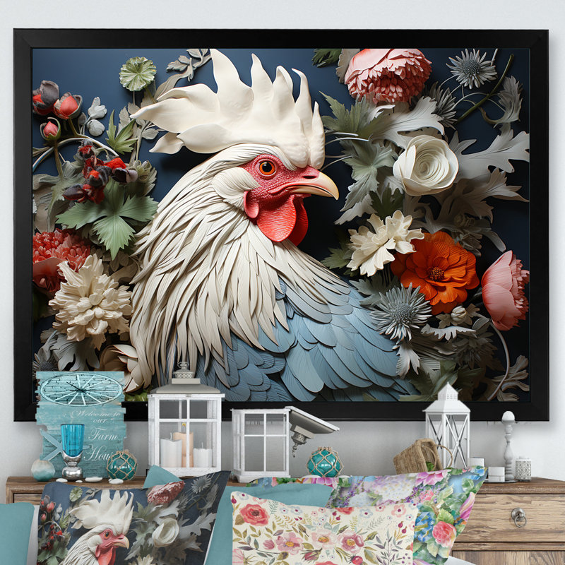 «Loyal Flower Rooster Portrait», reproduction sur toile, Cadre simple noir, H 12 po x l 20 po x P 1 po