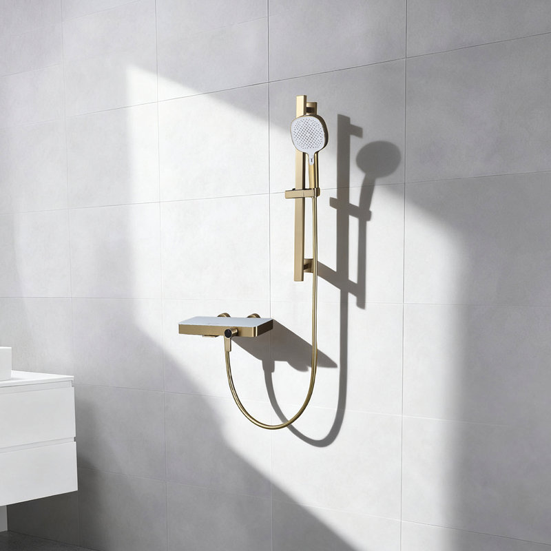 2-Function Button Bathtub Faucet Set With Square Handheld Sprayer, Brushed Gold