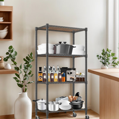 Étagères de rangement robustes, étagère grillagée à 4 niveaux avec roulettes, tablettes en métal réglables commerciales pour le rangement, étagères de cuisine pour garde-manger