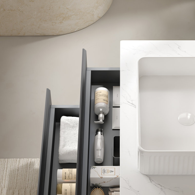 Vedo 30" Bathroom Vanity With Vessel Sink, Modern Wall-mounted Floating Plywood Striped Bathroom Storage Cabinet With 2 Drawers, White Ceramic Basin And Carrara White Artificial Marble Countertop, Without Faucet, Gray