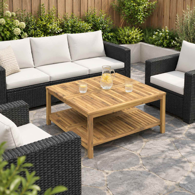 Acacia Solid Wood Outdoor Coffee Table - 60.5 cm W 30 cm D, 45cm H x 100.5cm W x 49cm D, Whitewash