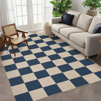 Tapis moderne en jute à carreaux - lavable, antidérapant, tapis géométrique pour le salon, la chambre à coucher, la salle à manger, le vestibule - intérieur extérieur, résistant aux marques 