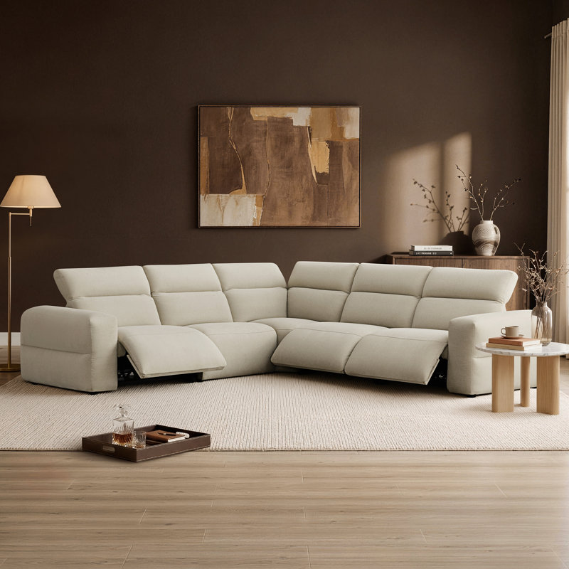 Canapé inclinable électrique de 125 po avec motif mural zéro et tissu 100% polyester, Polyester gris crème