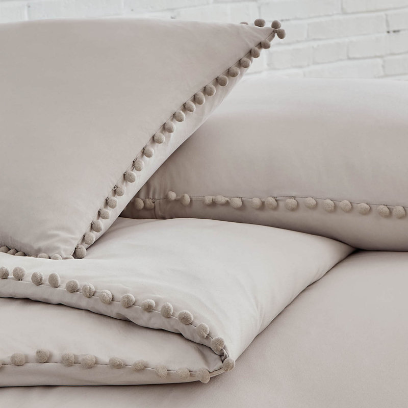 Pom Pom Oversized Microfiber Duvet Cover Set by Southshore Fine Linens, Full/Queen Duvet Cover + 2 Queen Shams, Bone