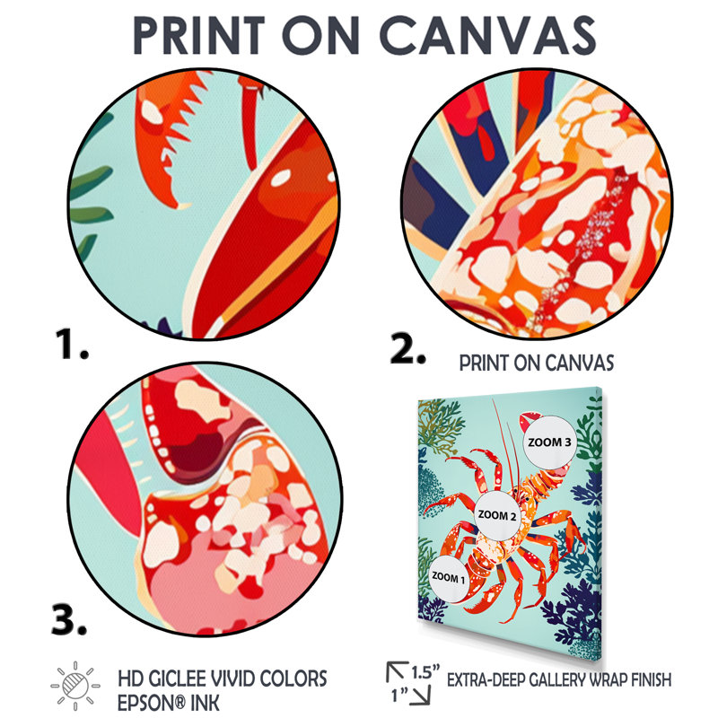 Deep Sea Lobster Retro Illustration - Art mural homard, H 44 po x l 34 po, Toile tendue