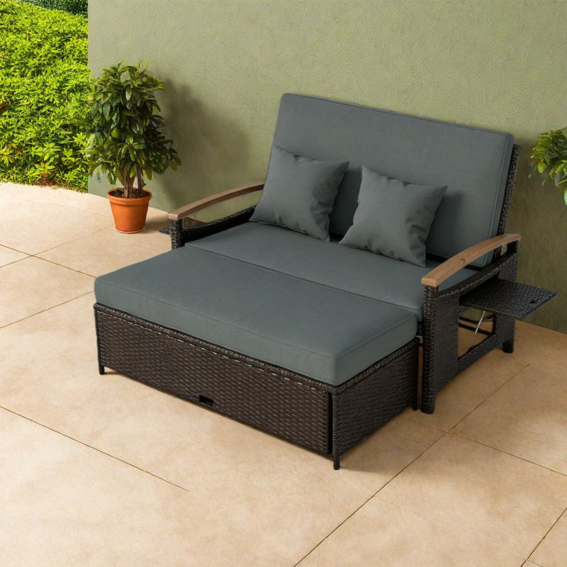Canapé-lit de patio multifonctionnel, en acier durable et en osier, chaise longue d'extérieur moderne avec rangement