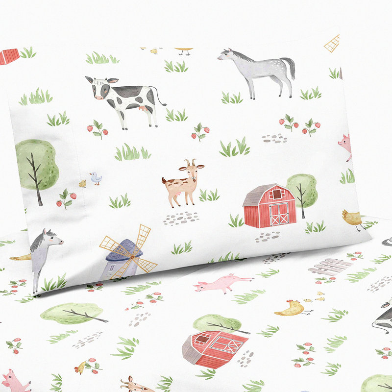 Watercolor Farm Animals Twin Sheet Set - 3 Piece Farmhouse Bedding with Horse, Cow, Sheep, and Pig Designs - Cozy and Colorful Bed Set for Kids