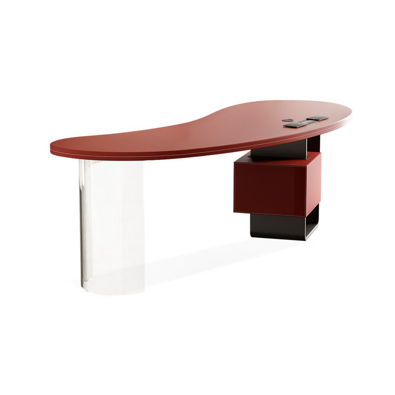 Bureau 2 tiroirs rouge + noir + bois franc incurvé + acier Barenia + acier + acrylique, H 29,53 po x l 62,99 po x P 30,31 po
