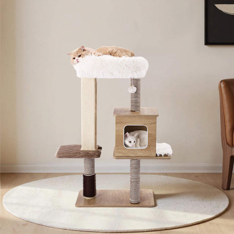 Tour pour arbre à chat, condo pour chat en bois de 41,7 po avec poteaux à griffes recouverts de sisal et pom-pom moelleux, mobilier d'escalade à plusieurs niveaux avec plateforme de saut pour chats d'intérieur