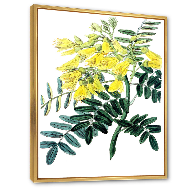 Fleur jaune rétro II - peinture sur toile, H 32 po x l 16 po x P 1 po, Cadre flottant doré