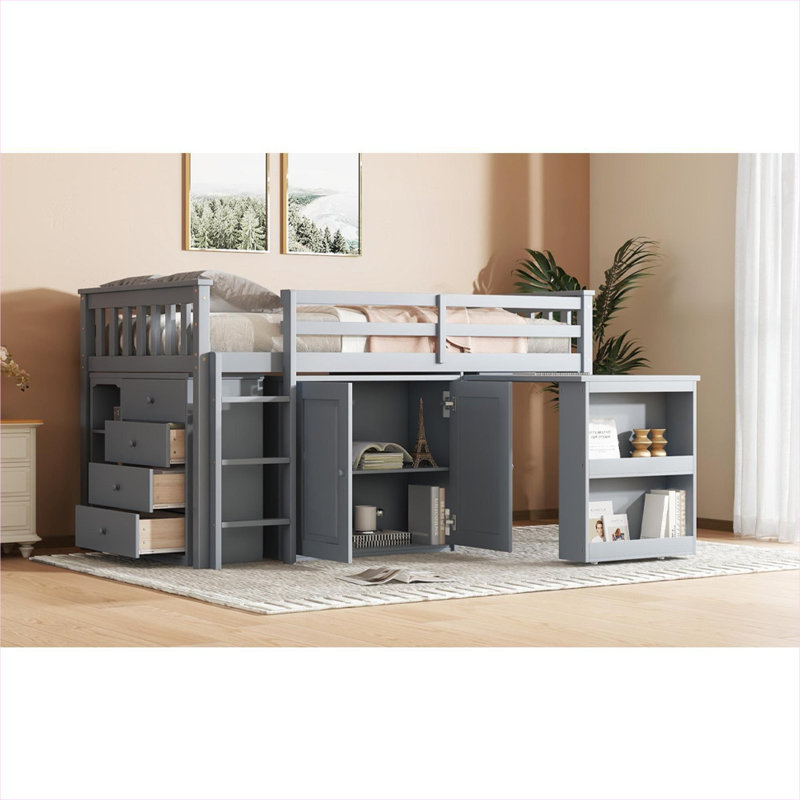 Lit mezzanine simple en bois d'hévéa massif de couleur grise avec rangement intégré et bureau coulissant pour les petites chambres