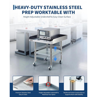 Mobile Stainless Steel Work Table with Removable Splash Guard & Locking Wheels