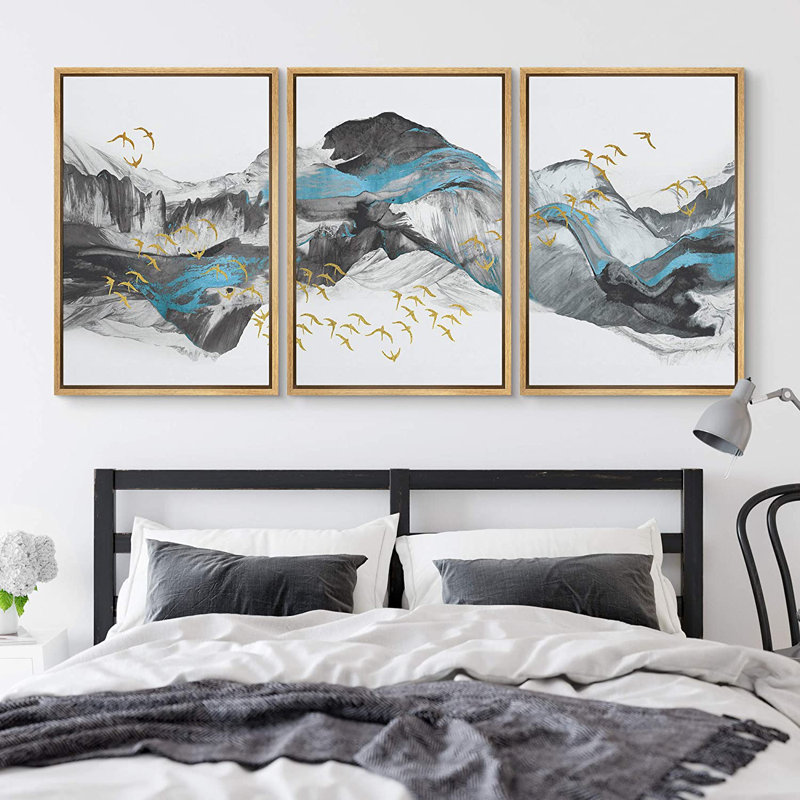 «Abstract Landscape Birds Flying Around The Mountains», reproduction de cadre flottant sur toile 3 pièces, Encadrement brun