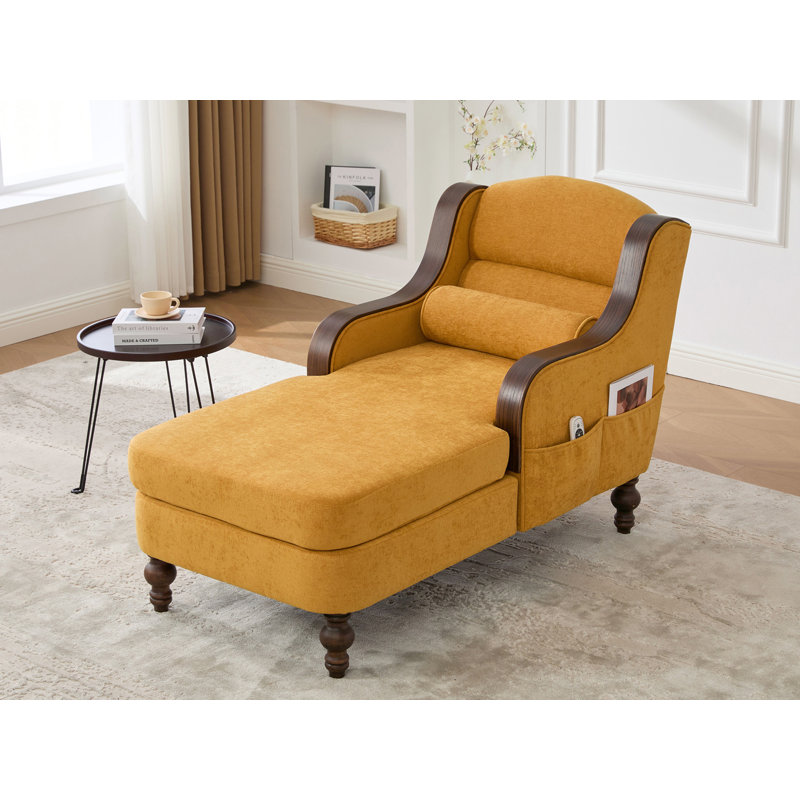 Chaise longue rembourrée avec poches latérales, Jaune moutarde
