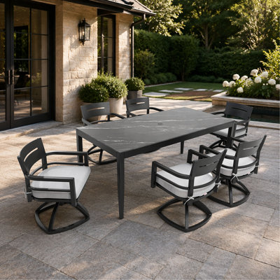 Modern 7-Piece Outdoor Patio Dining Set – 35.5"x71" Rectangular Table with Marble-Look Sintered Stone Top, 6 Swivel Rockers with Sunbrella Cushions